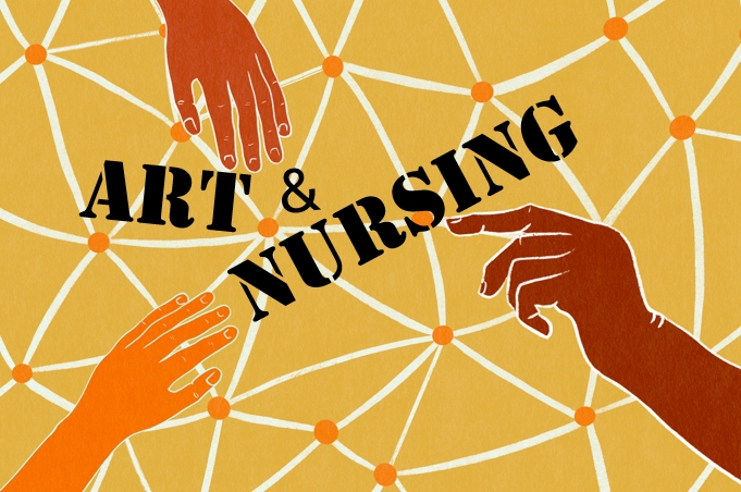 Three hands pointing to text that states art and nursing with a patterned backdrop that is brown and white